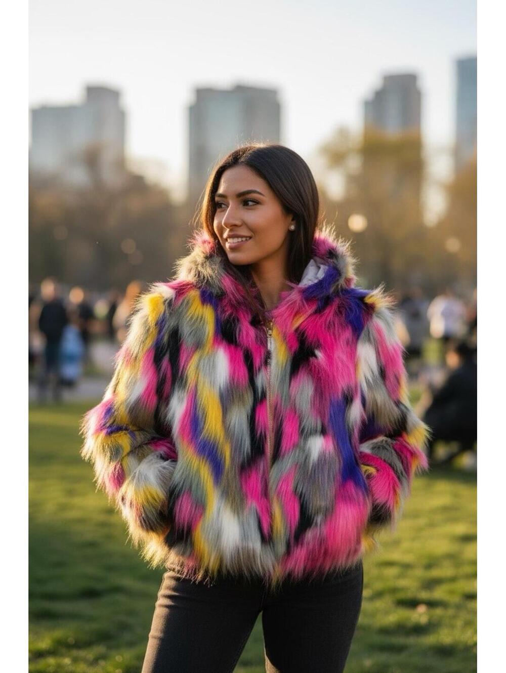 Rockstar Original Women Faux Fur Multicolor Hooded Crop Jacket NWT Size M - Picture 3 of 16